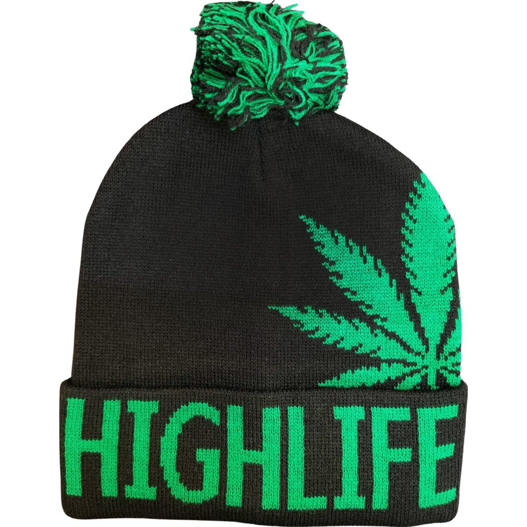 BLACK Pom Cuffed Knit Marijuana Leaf HIGHLIFE Gorro estampado Gorros