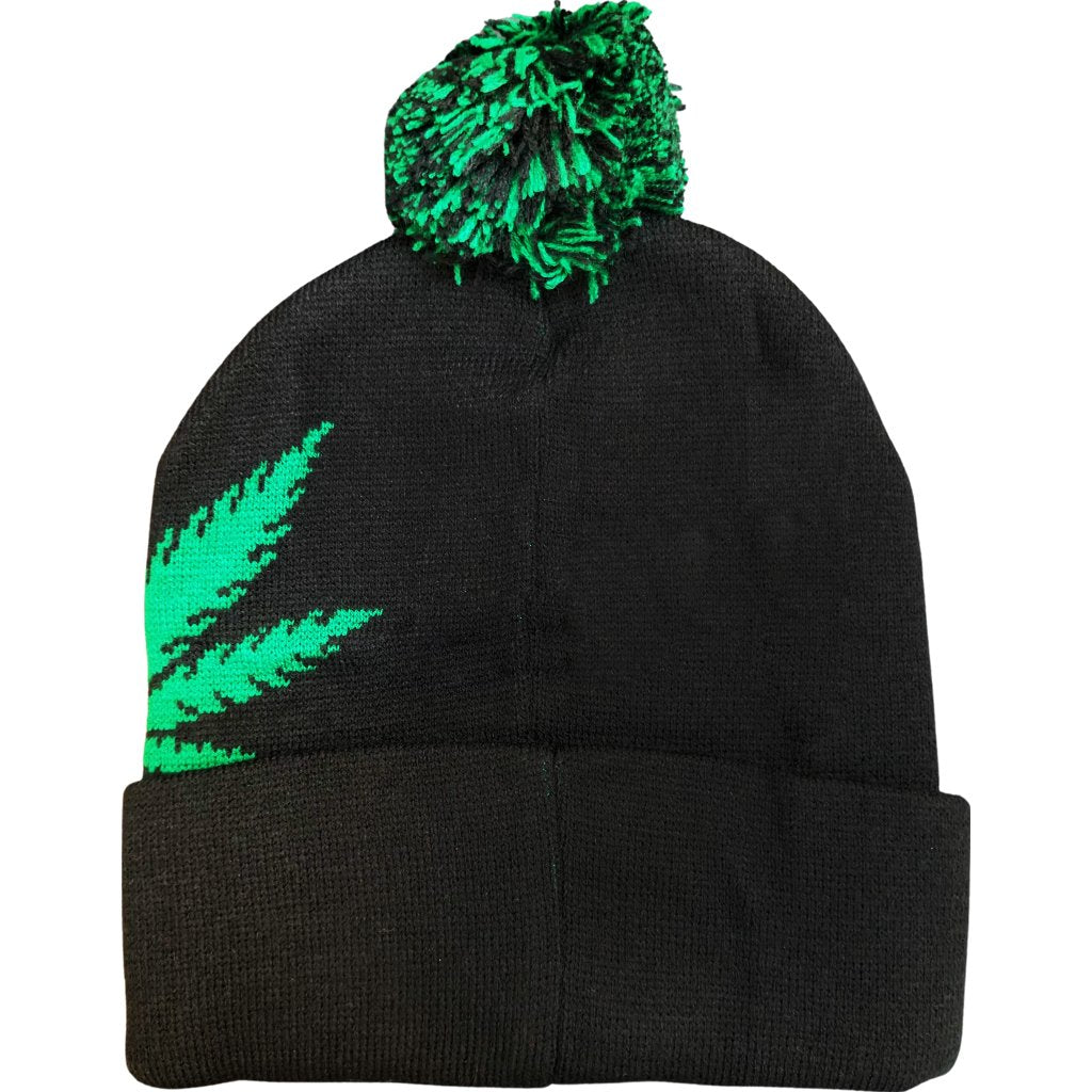 BLACK Pom Cuffed Knit Marijuana Leaf HIGHLIFE Gorro estampado Gorros