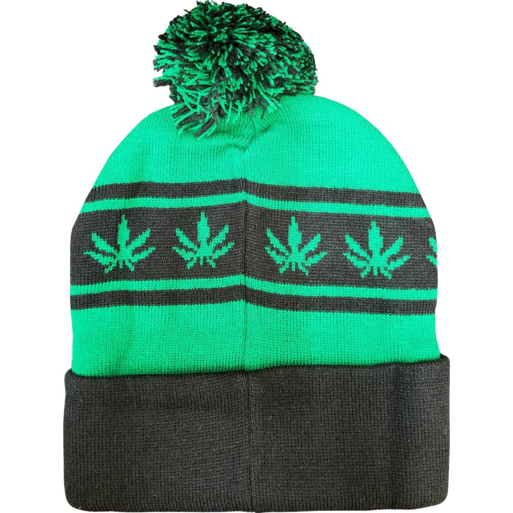 Green Pom Cuffed Knit Marijuana Leaf Printed Stripe Beanie Sombreros