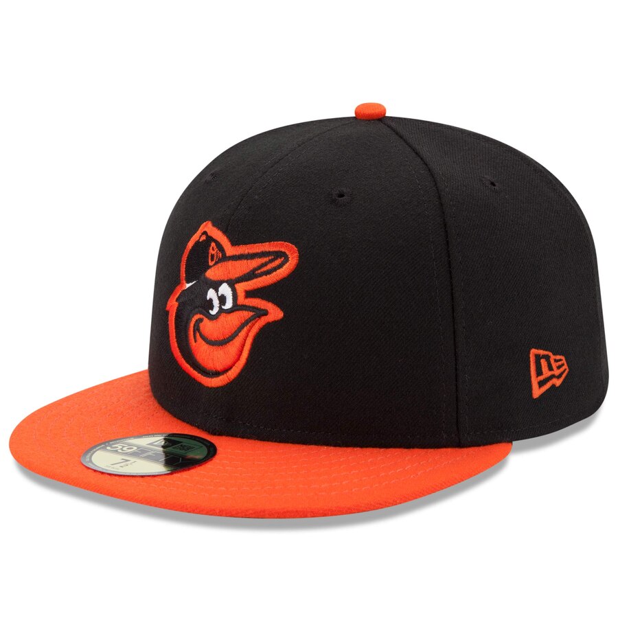 New Era 59FIFTY MLB Baltimore Orioles Road Authentic Collection On-Field 59FIFTY Gorra ajustada Negro/Naranja