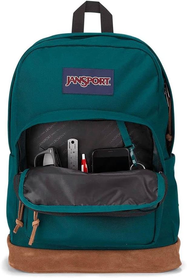 JanSport Right Pack Backpack - Travel, Work, or Laptop Bookbag with Leather Bottom, Deep Juniper