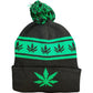Black Pom Cuffed Knit Marijuana Leaf Printed Stripe Beanie Hats