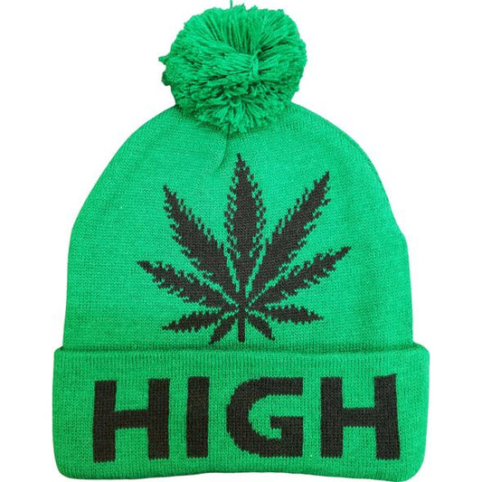 Green Pom Cuffed Knit Big Marijuana Leaf HIGH Estampado Beanie Sombreros